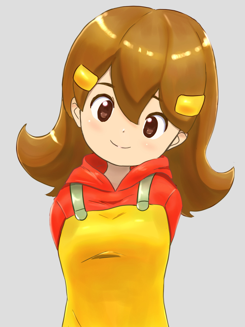 5-volt, apron, brown_eyes, brown_hair, detesu, highres, looking_at_viewer, offbeat