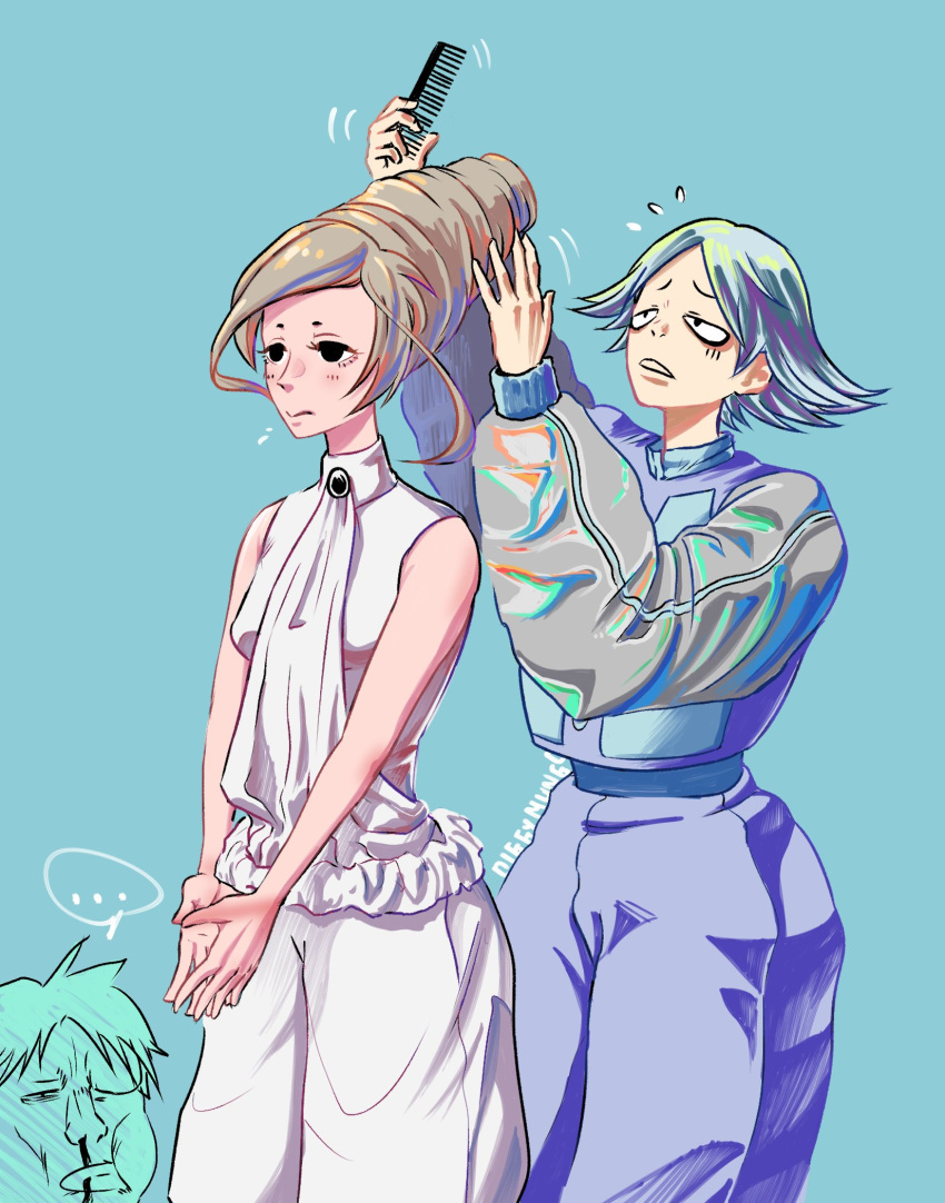 1boy, 1girl, black_eyes, blue_background, blush, brushing_hair, diggymungo, highres