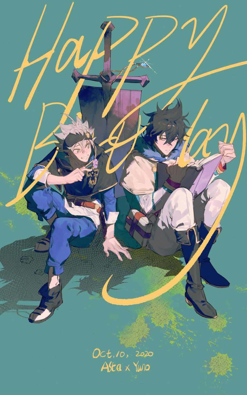 2boys, ahoge, asta_(black_clover), belt, black_bull_(emblem), black_capelet, black_clover, black_footwear, black_hair, blue_pants, blue_shirt, book, brown_belt, caosishao, capelet, dated, green_eyes, grey_hair, happy_birthday, highres, holding, holding_book, huge_weapon, jewelry, multiple_boys, pants, pendant, shirt, sword, weapon, yellow_capelet, yellow_eyes, yuno_(black_clover)