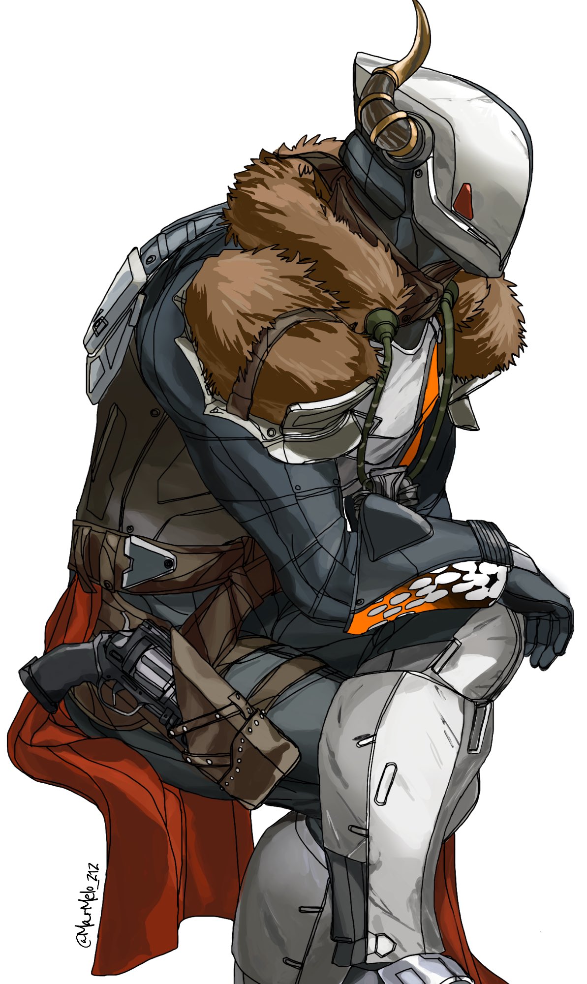 1boy, black_bodysuit, black_gloves, bodysuit, boots, brown_fur, destiny_(game), from_side