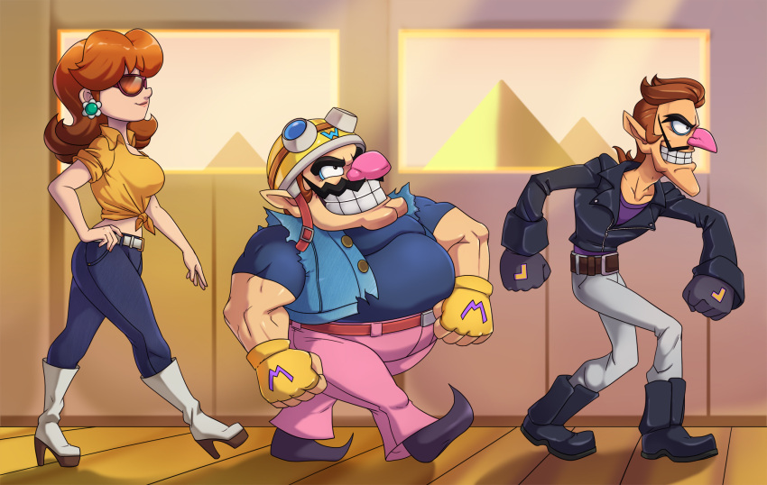 1girl, 2boys, aviator_cap, belt, big_nose, boots, brown_hair, denim