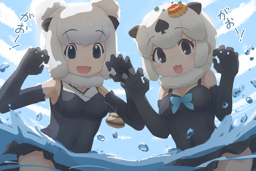 2girls, :3, alaskan_sea_otter_(kemono_friends), animal_ears, blue_bow, blush, bow, californian_sea_otter_(kemono_friends)