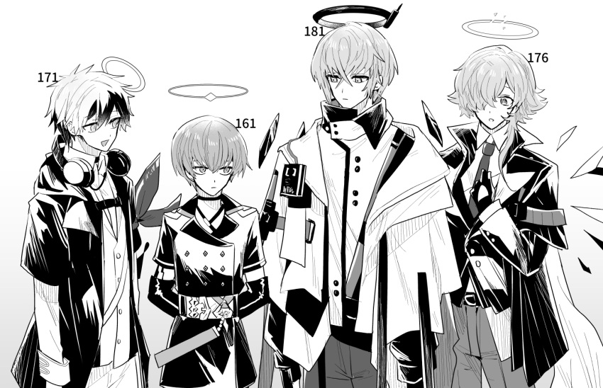 4boys, adnachiel_(arknights), angel, arene_(arknights), arknights, armband, bishounen, coat, cowboy_shot, enforcer_(arknights), executor_(arknights), formal, halo, headphones, headphones_around_neck, height_chart, height_difference, iwashi_80, jacket, male_focus, mechanical_halo, monochrome, multiple_boys, necktie, short_hair, suit, wings