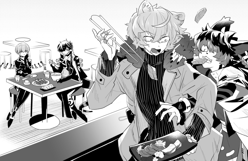 4boys, aak_(arknights), ahoge, animal_ears, arene_(arknights), arknights, bandaid, bandaid_on_hand