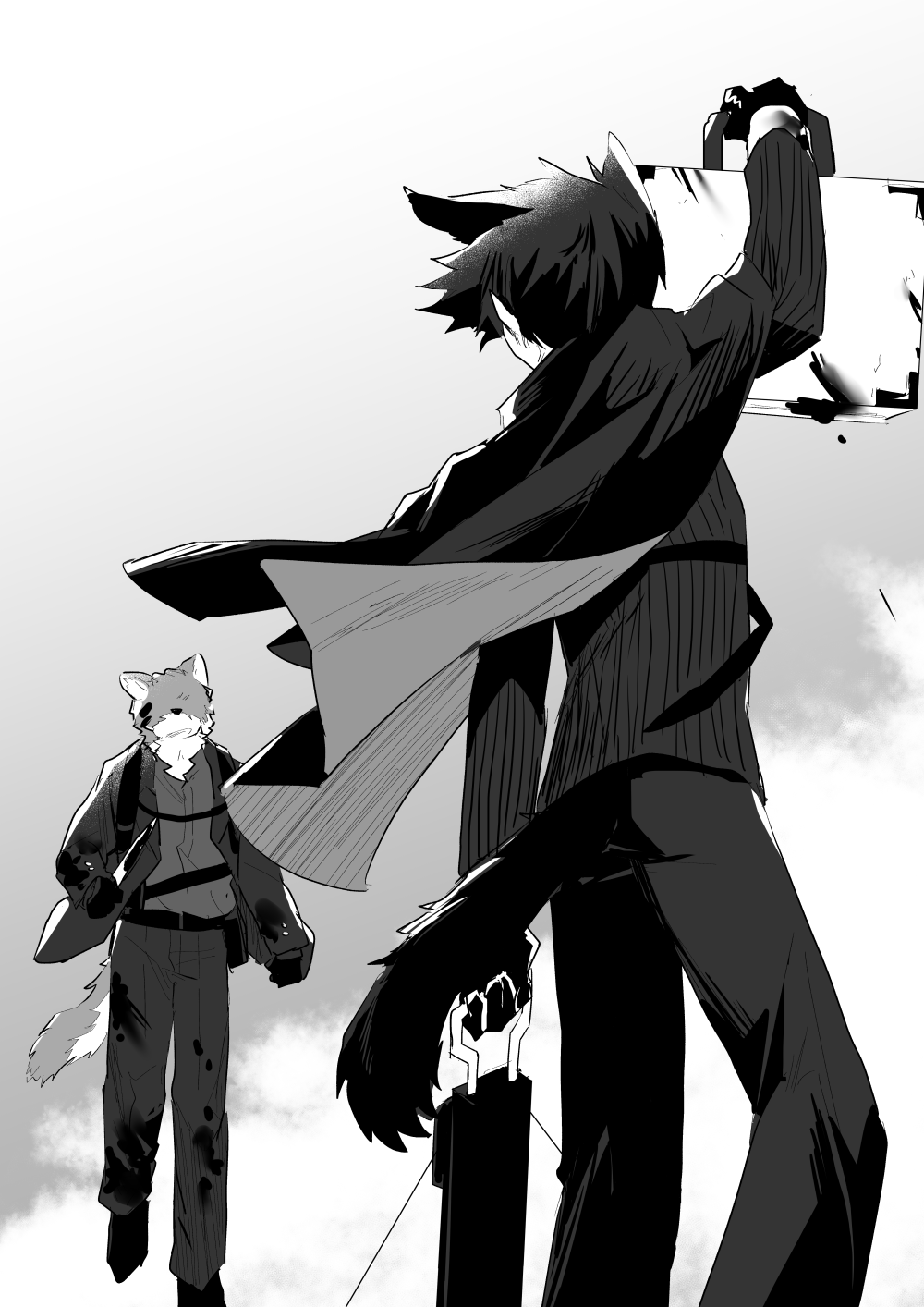2boys, animal_ears, arknights, black_hair, briefcase, brothers, cape, capone_(arknights)