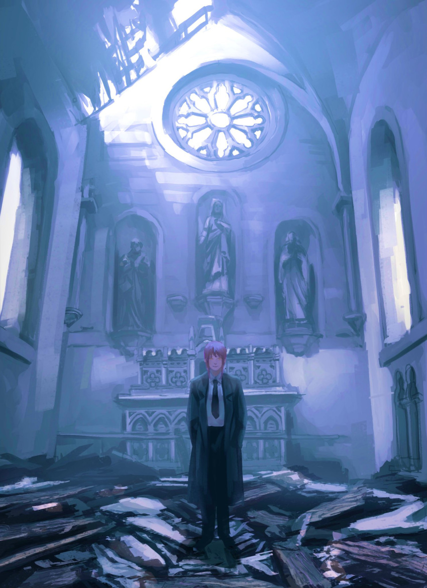 1girl, black_coat, black_pants, chainsaw_man, church, coat, collared_shirt, debris