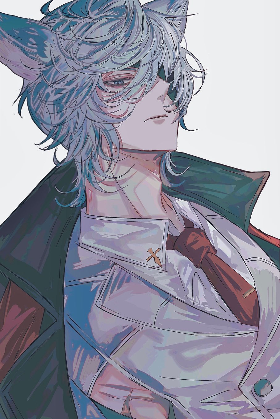 1boy, animal, bishounen, blue_eyes, blue_hair, dutch_angle, eyepatch, formal, from_below, granblue_fantasy, hair_over_one_eye, highres, looking_at_viewer, male_focus, muramitsu_(d3jgv), necktie, nehan_(granblue_fantasy), red_necktie, short_hair, simple_background, solo, suit, upper_body, white_background, white_suit