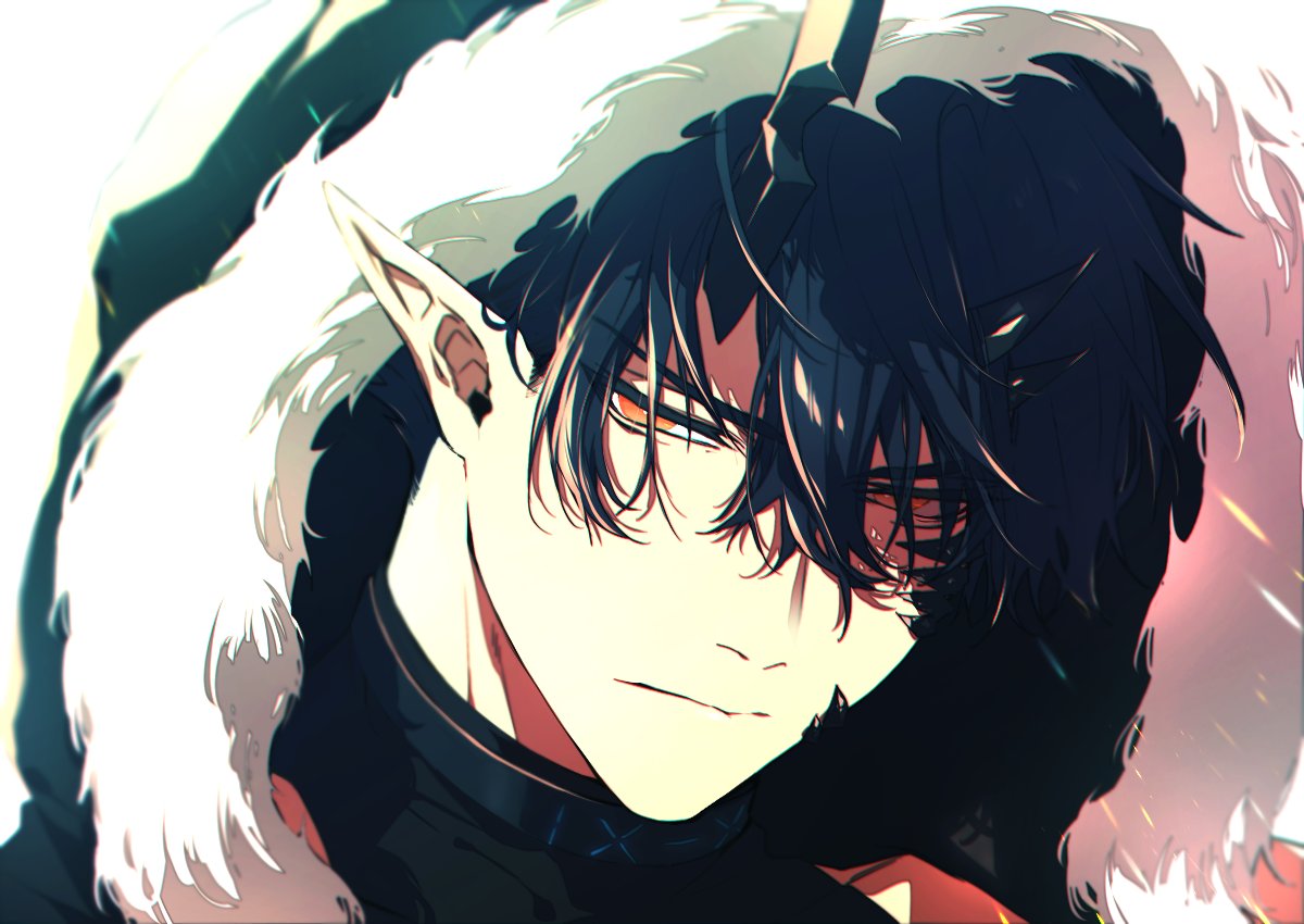 1boy, arknights, bishounen, black_hair, close-up, flamebringer_(arknights), fur_collar, hair_over_eyes
