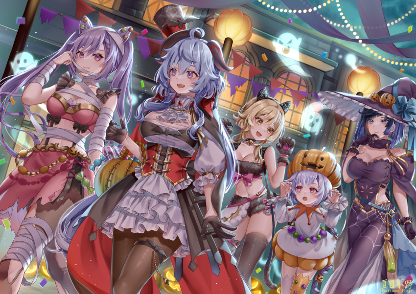5girls, ahoge, animal_hands, bandaged_arm, bandaged_leg, bandages, bangs, bare_shoulders