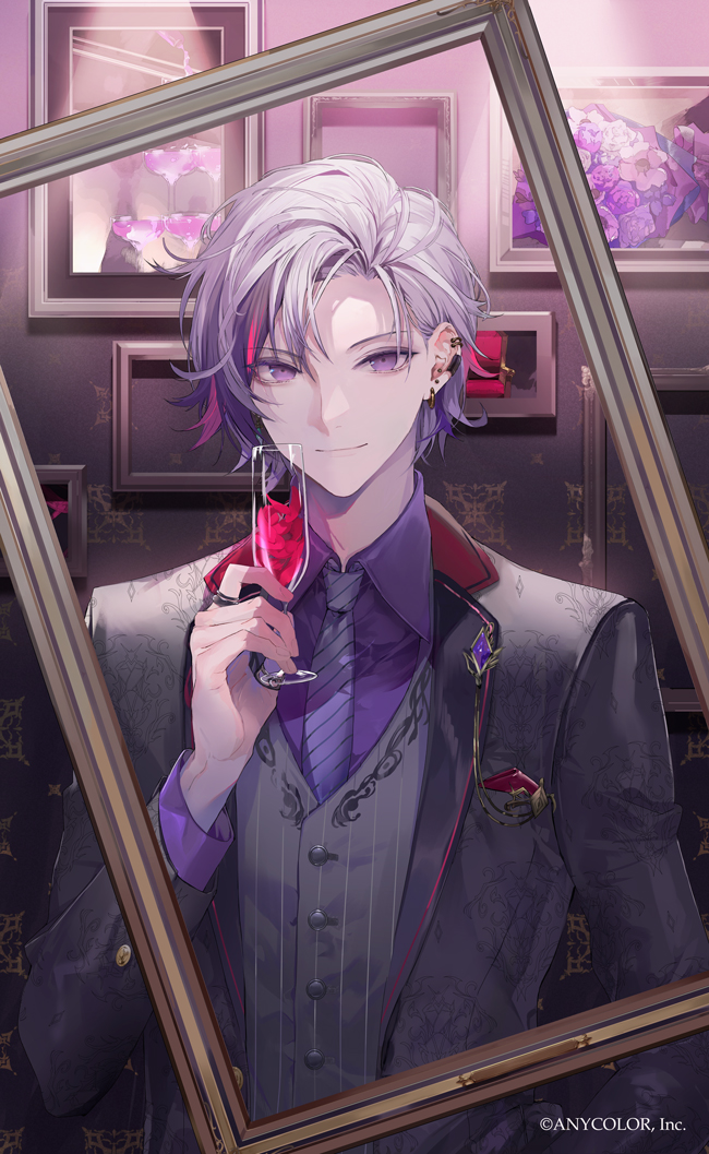 1boy, black_jacket, bouquet, champagne_coupe, champagne_flute, collared_shirt, comb_over, copyright