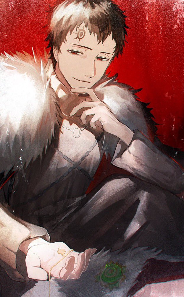 1boy, black_clover, black_hair, brown_robe, facial_mark, forehead_mark, fur_trim, gen_me