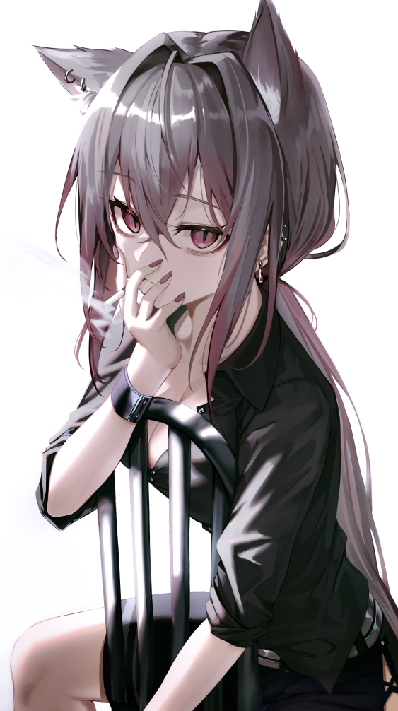 1girl, animal_ears, black_shirt, breasts, brown_hair, chair, cigarette, earrings