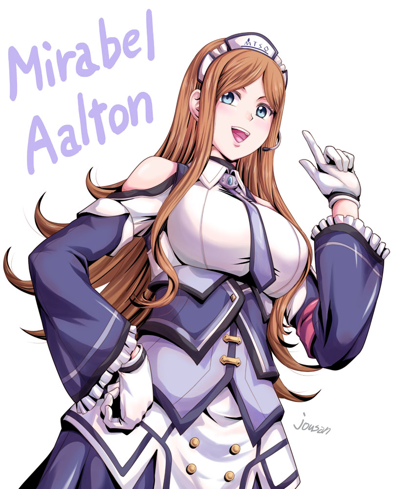 1girl, breasts, brown_hair, eiyuu_densetsu, gloves, hand_on_hip, kuro_no_kiseki, large_breasts, looking_at_viewer, maid_headdress, mirabel_aalton, necktie, pointing, pointing_up, ponytail, simple_background, solo, upper_body, white_background, xiacheng_tatsuya