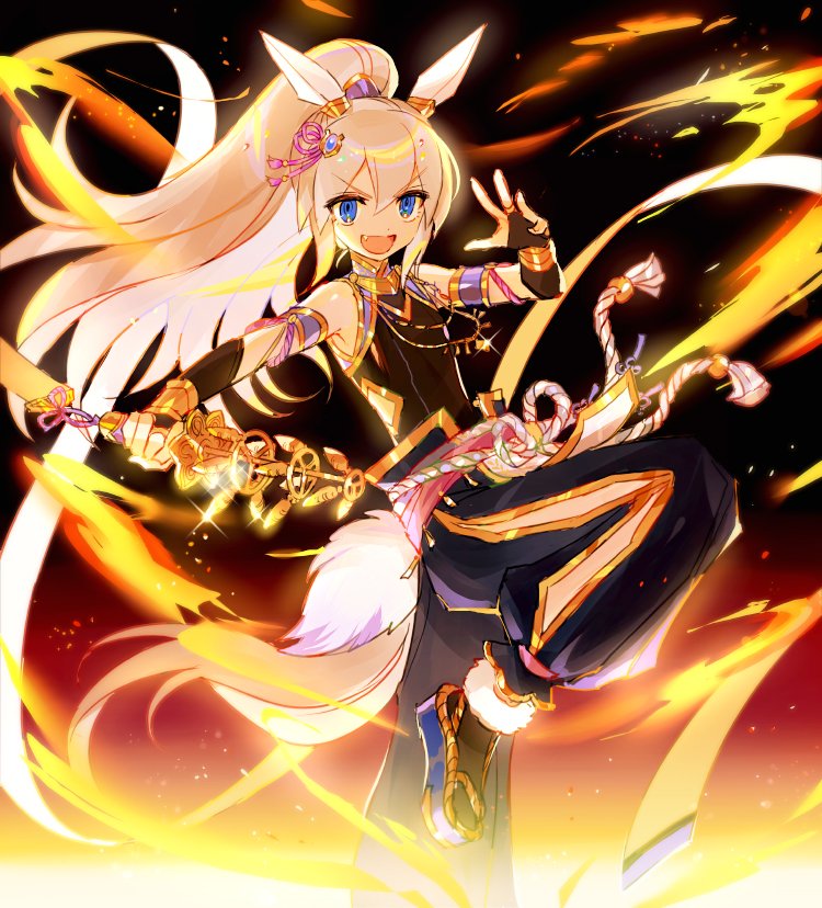1girl, animal_ears, armlet, baggy_pants, bangs, bare_shoulders, bell, blue_eyes