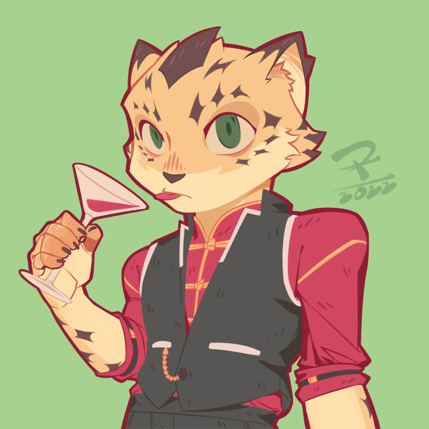 1boy, 2022, :p, alcohol, animal_nose, black_nails, black_vest, chain