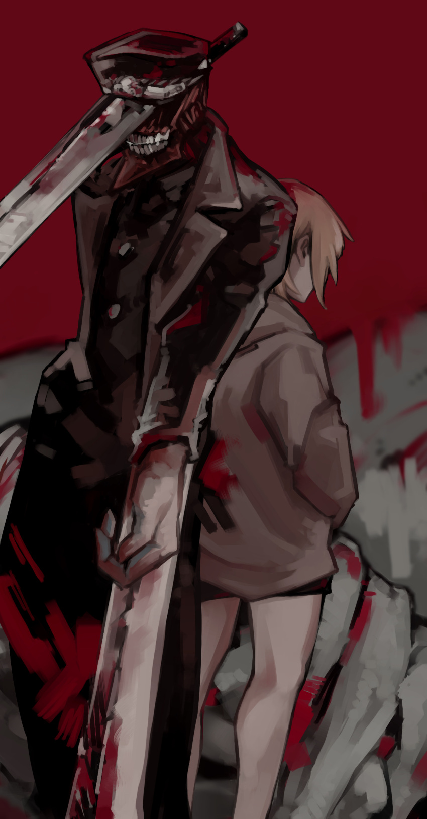 1boy, 1girl, akane_sawatari_(chainsaw_man), back-to-back, black_coat, blonde_hair, blood, blood_on_clothes