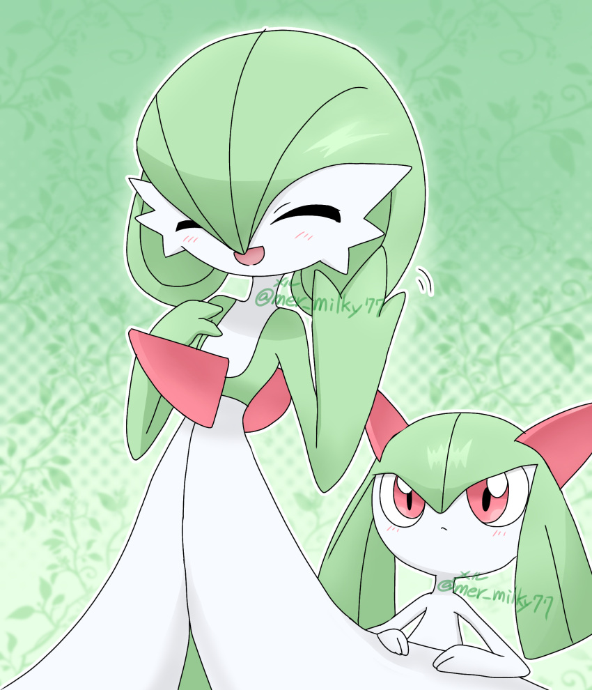 2girls, ^_^, artist_name, bangs, blush, bob_cut, closed_eyes, closed_mouth