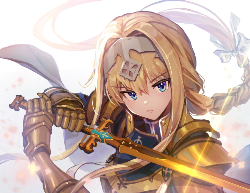 1girl, alice_zuberg, armor, bangs, blonde_hair, blue_eyes, bow, braid