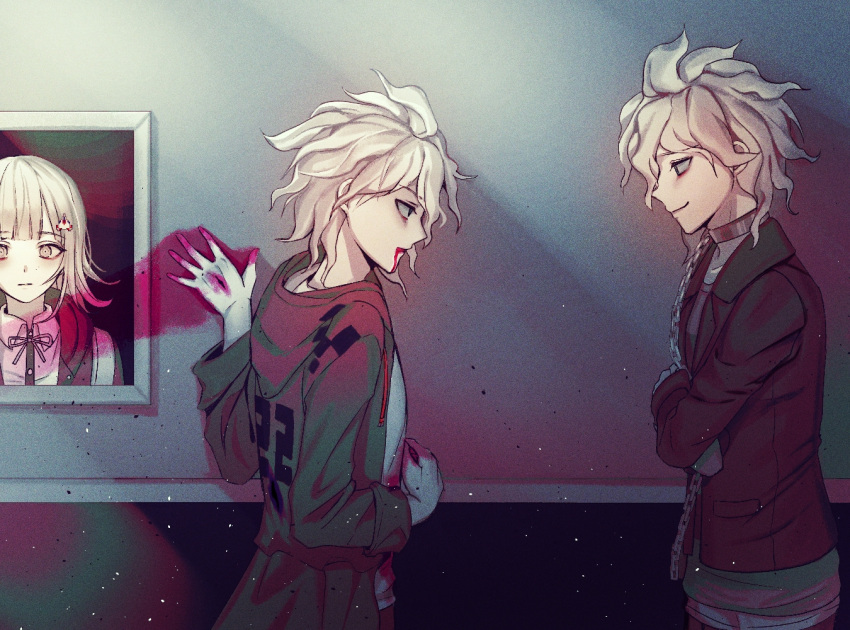 2boys, bangs, blood, blood_from_mouth, chain, collar, collared_shirt, cowboy_shot