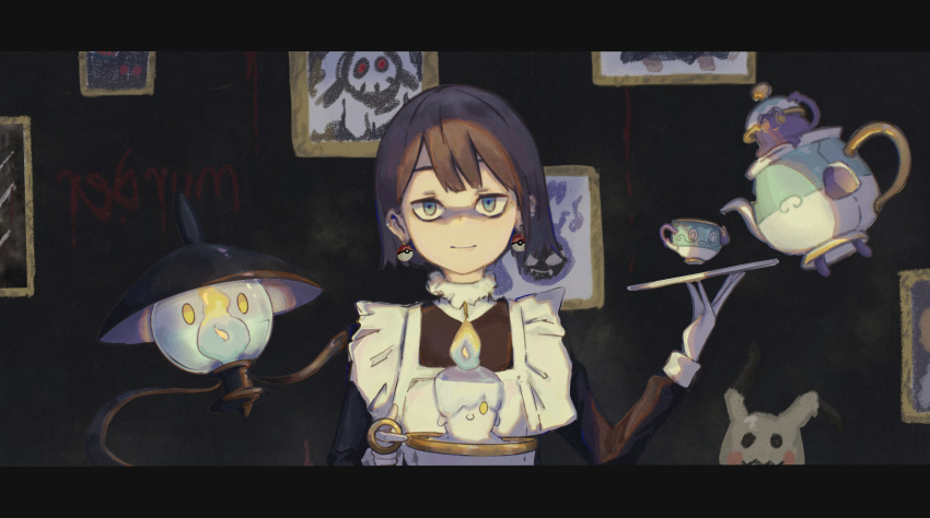 1girl, apron, aqua_eyes, bangs, brown_hair, closed_mouth, commentary_request, dress