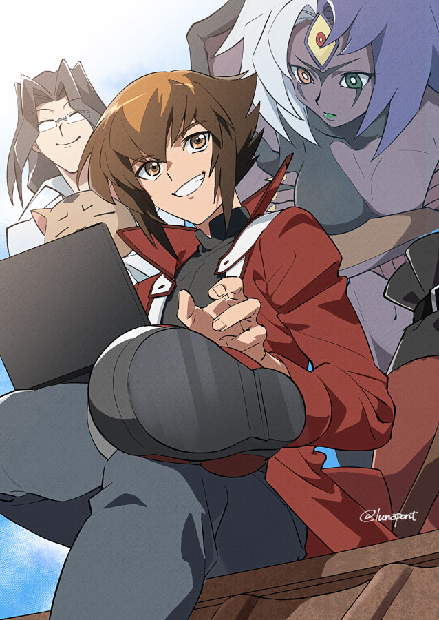 1other, 2boys, animal, bangs, black_shirt, breasts, brown_eyes, cat, computer, daitokuji, duel_academy_uniform_(yu-gi-oh!_gx), duel_monster, glasses, hair_between_eyes, holding, holding_animal, holding_cat, jacket, laptop, long_sleeves, lunapont, male_focus, multicolored_hair, multiple_boys, navel, perspective, pharaoh_(cat), red_jacket, shirt, shoes, short_hair, two-tone_hair, yu-gi-oh!, yu-gi-oh!_gx, yubel, yuuki_juudai