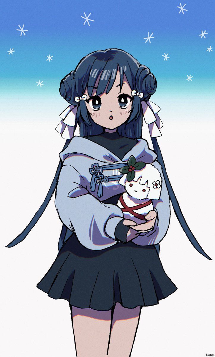 1girl, :o, asterisk, bangs, black_dress, blue_background, blue_eyes, blue_hair