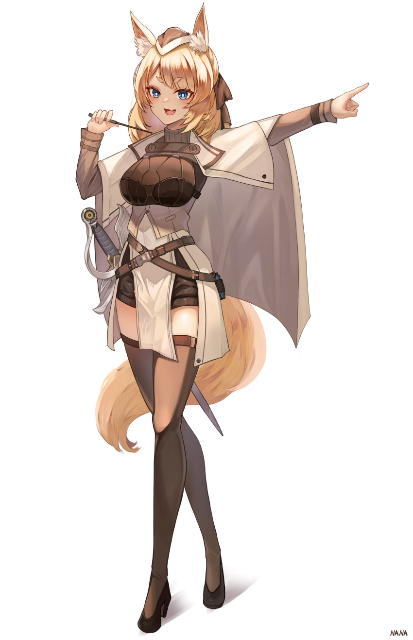 1girl, 2022, absurdres, animal_ear_fluff, animal_ears, arknights, black_shorts, black_thighhighs, blonde_hair, blue_eyes, fang, fox_ears, fox_girl, fox_tail, garrison_cap, hat, high_heels, highres, long_hair, nannachu7, open_mouth, shorts, skin_fang, smile, solo, standing, sword, tail, thigh-highs, weapon, whip, whislash_(arknights), white_background