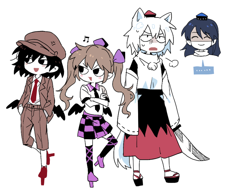 ..., 4girls, :d, =3, anger_vein, animal_ears, arms_at_sides, bangs