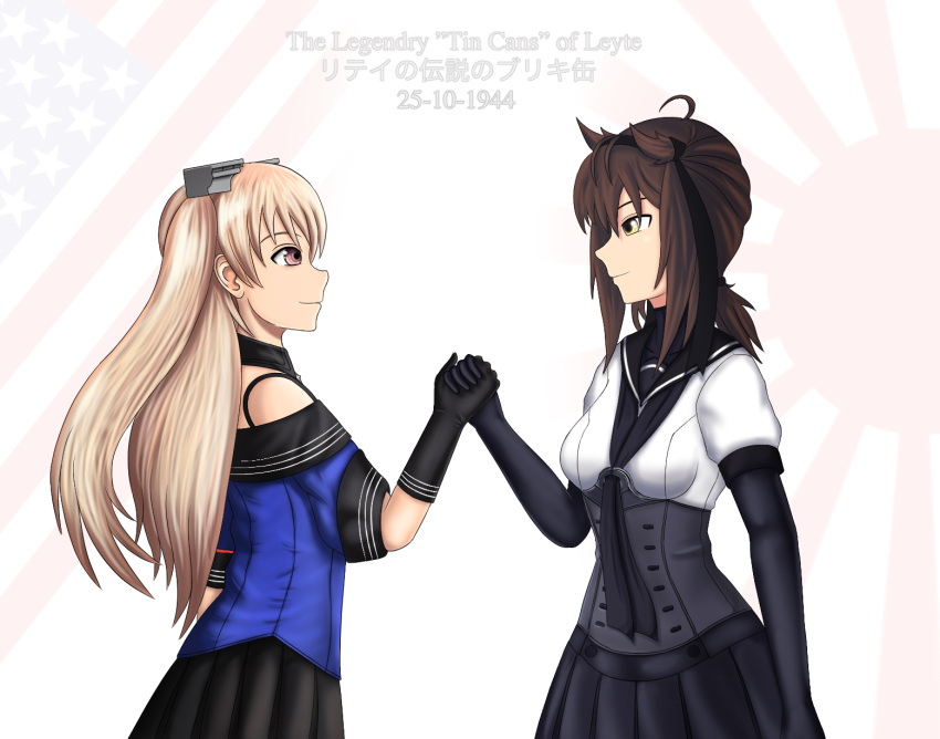 2girls, american_flag, black_bodysuit, black_gloves, black_headband, black_neckerchief, black_skirt, bodysuit