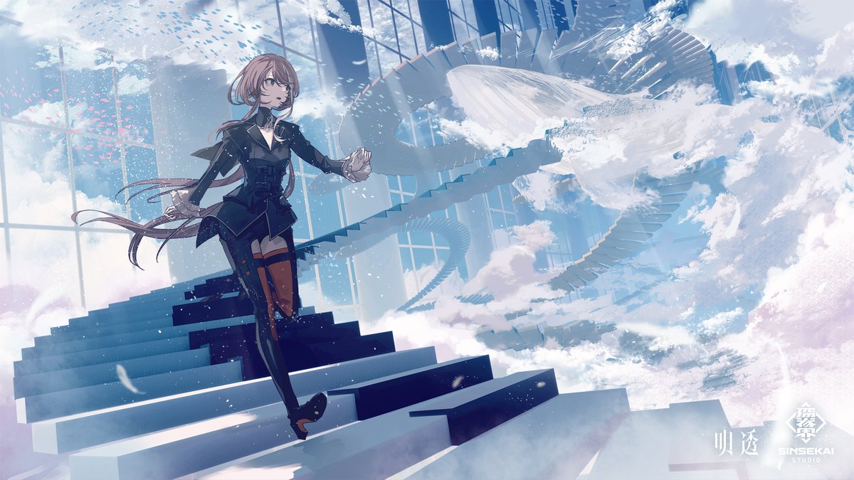 1girl, asu_(sinsekai), bangs, black_eyes, boots, brown_hair, clouds, coat