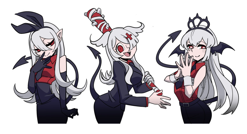 117, 3girls, absurdres, baseball_bat, bat_wings, breasts, closed_mouth, collared_shirt, crown, demon_girl, demon_tail, elira_pendora, fake_screenshot, finana_ryugu, formal, hair_between_eyes, hair_over_one_eye, head_wings, heart, heart-shaped_pupils, helltaker, highres, holding, holding_baseball_bat, lazulight, long_hair, long_sleeves, looking_at_viewer, multiple_girls, necktie, nijisanji, nijisanji_en, one_eye_covered, open_mouth, parody, pomu_rainpuff, red_eyes, shirt, simple_background, skirt, sleeveless, smile, style_parody, suit, symbol-shaped_pupils, tail, vanripper_(style), virtual_youtuber, white_background, white_hair, wings