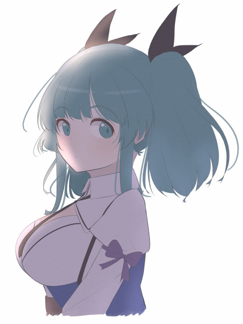 1girl, aqua_eyes, aqua_hair, arm_at_side, assault_lily, belt, black_necktie, bow, breasts, brown_belt, closed_mouth, collared_shirt, commentary, cropped_torso, from_side, hair_ribbon, highres, juliet_sleeves, large_breasts, light_blush, long_sleeves, looking_at_viewer, looking_to_the_side, medium_hair, meme_(lm0009aetklim), necktie, odaiba_girls_high_school_uniform, puffy_sleeves, purple_bow, ribbon, school_uniform, shirt, sidelocks, simple_background, sleeve_bow, solo, suzuki_chinami, twintails, underbust, upper_body, white_background