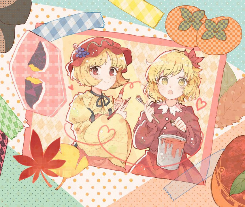 2girls, aki_minoriko, aki_shizuha, apron, blonde_hair, blush, bucket, closed_mouth
