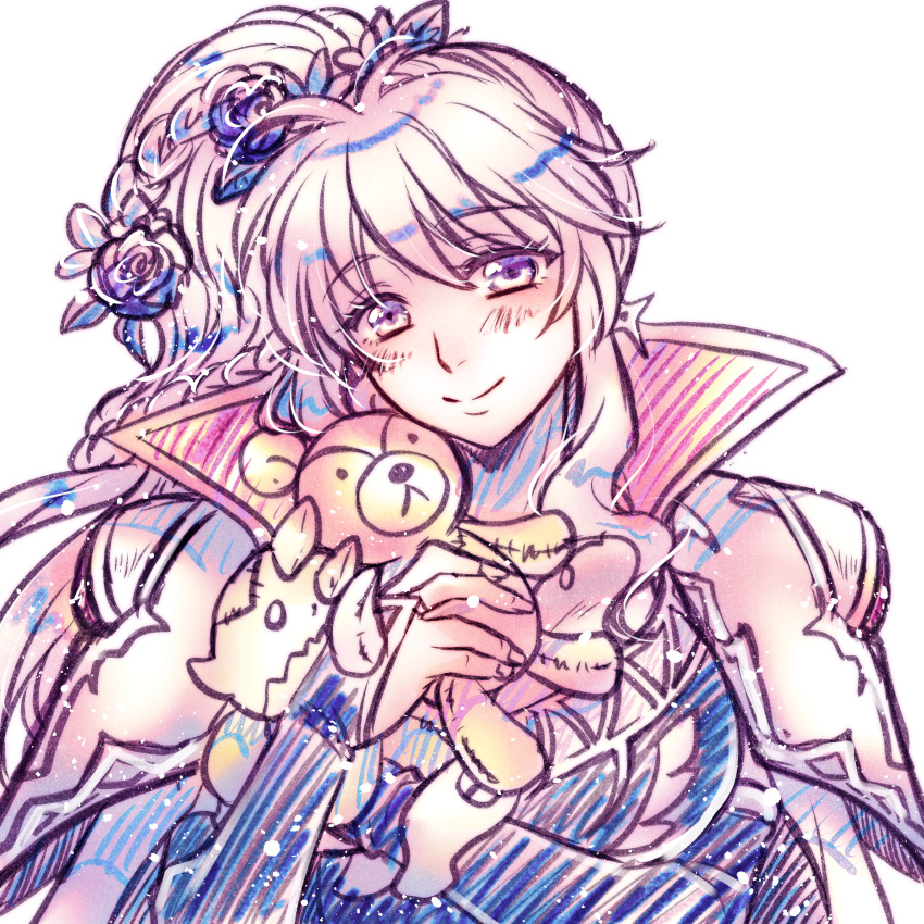 1girl, absurdres, ao_(yashuring), collar, commission, commissioner_upload, fire_emblem, fire_emblem:_genealogy_of_the_holy_war, fire_emblem_heroes, flower, hair_flower, hair_ornament, highres, ishtar_(fire_emblem), non-web_source, skeb_commission, smile, stuffed_animal, stuffed_toy, teddy_bear, yashuring2