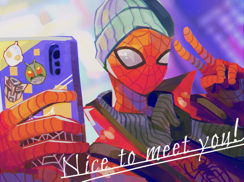1boy, autobot, backpack, bag, beanie, bodysuit, cellphone, english_text