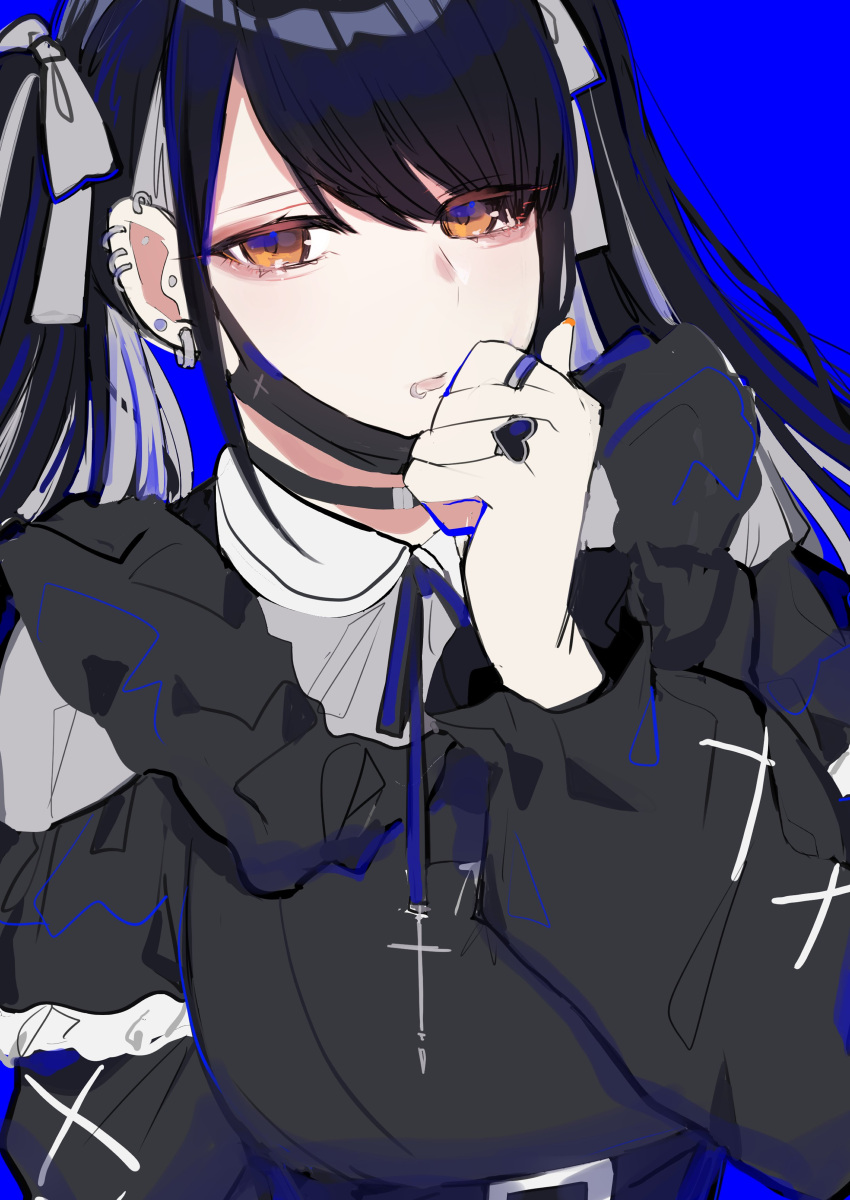 1girl, absurdres, alternate_costume, black_dress, black_hair, breasts, brown_eyes, dress, earrings, gothic_lolita, grey_hair, hair_behind_ear, heart, highres, indie_virtual_youtuber, jewelry, lolita_fashion, looking_at_viewer, mashiro_(rikuya), mask, mask_pull, medium_breasts, mouth_mask, multicolored_hair, multiple_rings, open_mouth, portrait, ring, shirasu_(mashiro_(rikuya)), solo, streaked_hair, twintails, virtual_youtuber