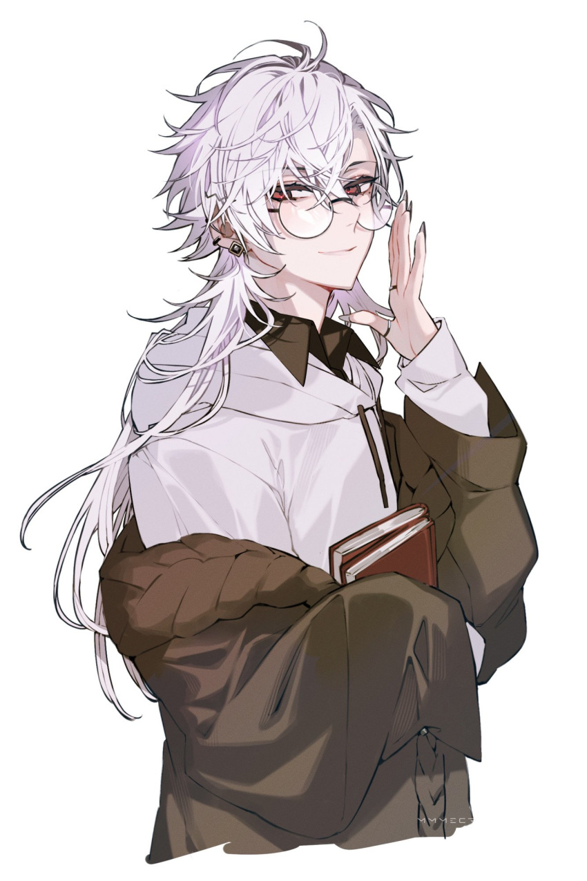 1boy, adjusting_eyewear, bespectacled, black_shirt, book, brown_jacket, drawstring, ear_piercing, glasses, highres, holding, holding_book, hood, hood_down, hoodie, jacket, kuzuha_(nijisanji), long_hair, long_sleeves, looking_at_viewer, male_focus, mmmecr, nijisanji, off_shoulder, piercing, round_eyewear, shirt, simple_background, smile, solo, upper_body, virtual_youtuber, white_background, white_hoodie
