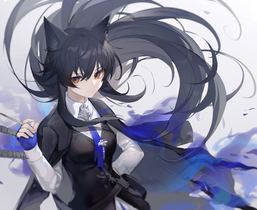 1girl, :/, absurdres, animal_ear_fluff, animal_ears, arknights, black_hair, black_jacket, black_vest, blue_gloves, chinese_commentary, closed_mouth, collared_shirt, commentary_request, fingerless_gloves, floating_hair, gloves, hair_between_eyes, hand_up, highres, jacket, long_hair, long_sleeves, looking_at_viewer, morales_(morales38643), official_alternate_costume, open_clothes, open_jacket, orange_eyes, raised_eyebrow, shirt, solo, texas_(arknights), texas_the_omertosa_(arknights), upper_body, very_long_hair, vest, white_shirt, wolf_ears, wolf_girl