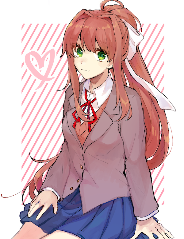 1girl, bow, eyelashes, hair_between_eyes, hair_bow, hair_ornament, hands_on_own_thighs, high_ponytail, long_hair, long_sleeves, looking_at_viewer, monika_(doki_doki_literature_club), pleated_skirt, ponytail, redhead, ribbon, school_uniform, sidelocks, simple_background, sitting, skirt, smile, solo, umesasami, yellow_eyes