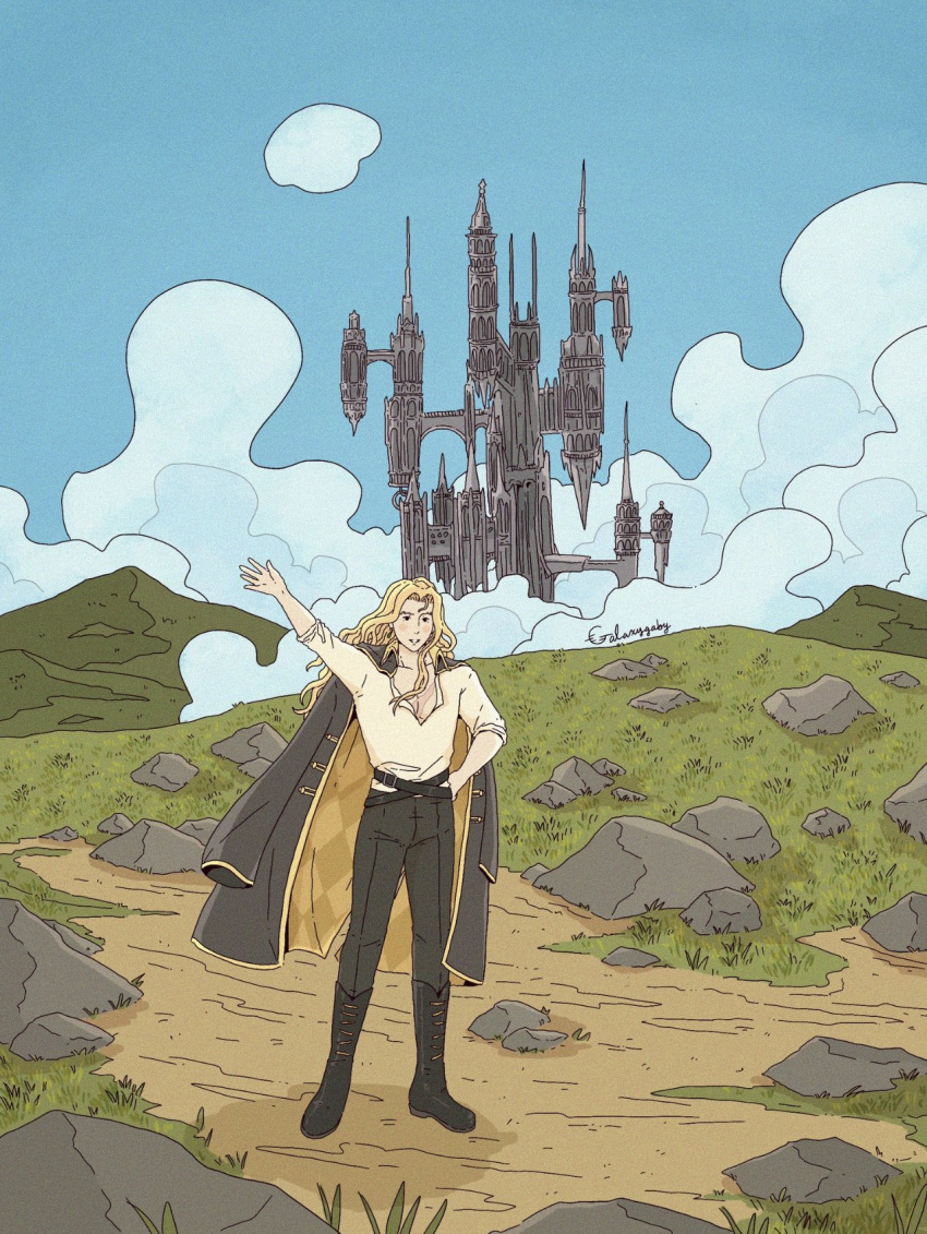 1boy, alucard_(castlevania), blonde_hair, blue_sky, cape, castle, castlevania, castlevania_(netflix), cosplay, crossover, galaxygaby, grass, highres, howl_(howl_no_ugoku_shiro), howl_(howl_no_ugoku_shiro)_(cosplay), howl_no_ugoku_shiro, long_hair, sky, studio_ghibli, waving