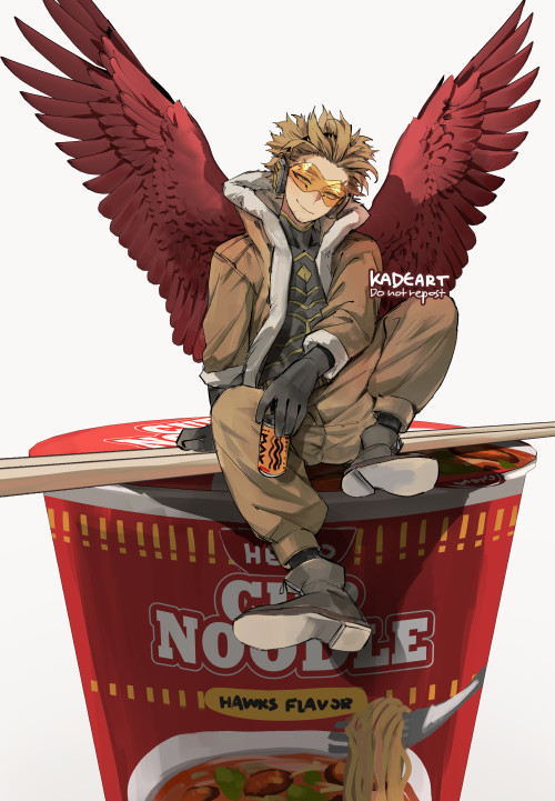 1boy, arm_support, black_gloves, blonde_hair, boku_no_hero_academia, boots, brown_jacket, brown_pants, can, chopsticks, closed_mouth, english_commentary, facial_hair, feathered_wings, feathers, full_body, fur_trim, gloves, goggles, hawks_(boku_no_hero_academia), headphones, holding, holding_can, jacket, kadeart, long_sleeves, looking_at_viewer, male_focus, messy_hair, miniboy, noodle_stopper, open_clothes, open_jacket, pants, ramen, red_feathers, red_wings, short_hair, simple_background, smile, solo, superhero, thick_eyebrows, white_background, wings, yellow_eyes