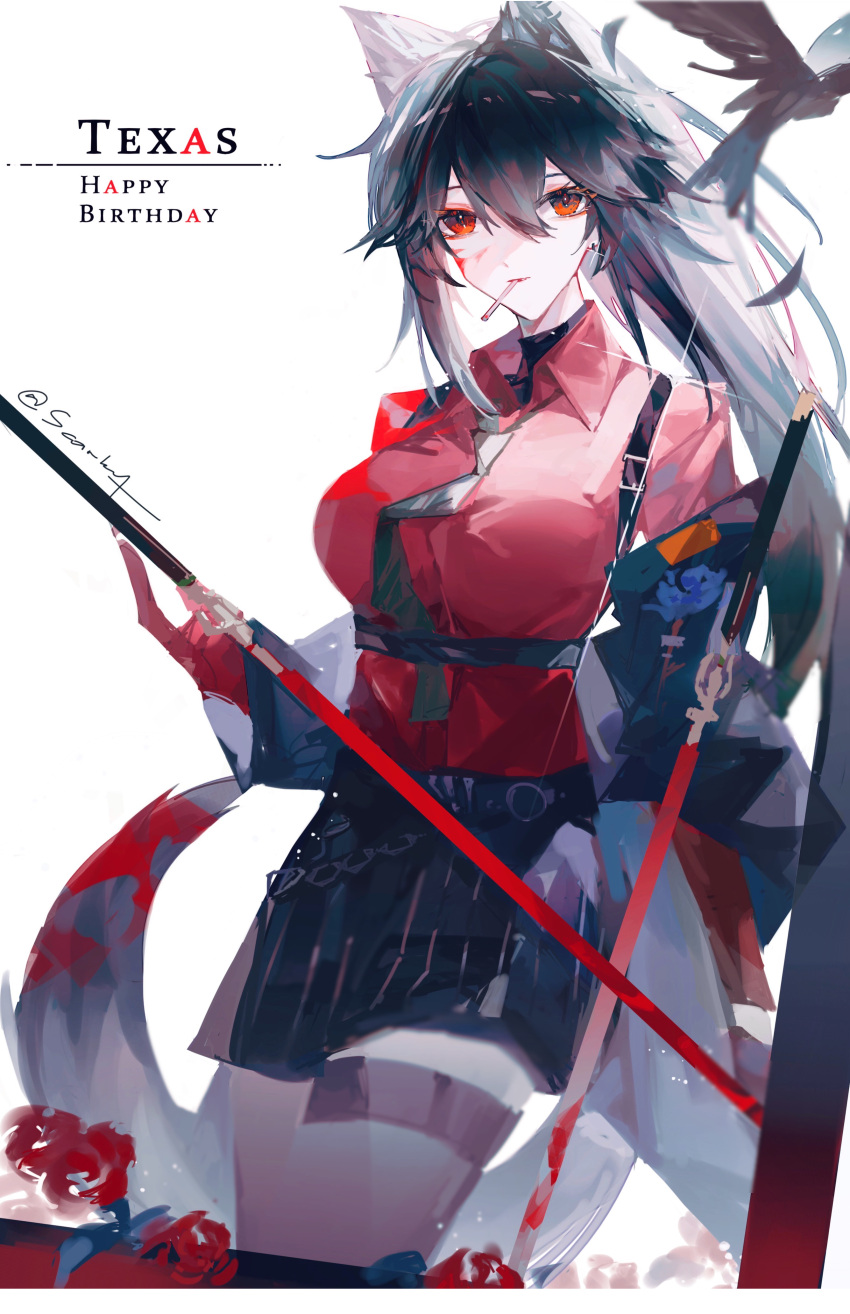 1girl, absurdres, animal_ears, arknights, bird, black_hair, black_jacket, black_shorts, black_thighhighs, blood, blood_on_face, blood_on_tail, breasts, character_name, cigarette, cowboy_shot, dual_wielding, gloves, green_necktie, hair_between_eyes, happy_birthday, highres, holding, holding_sword, holding_weapon, jacket, large_breasts, long_hair, long_sleeves, looking_at_viewer, mouth_hold, necktie, official_alternate_costume, open_clothes, open_jacket, ponytail, red_eyes, red_gloves, scarlett_(artist), shorts, smoking, solo, striped, striped_shorts, sword, tail, texas_(arknights), texas_(willpower)_(arknights), thigh-highs, weapon, wolf_ears, wolf_girl, wolf_tail