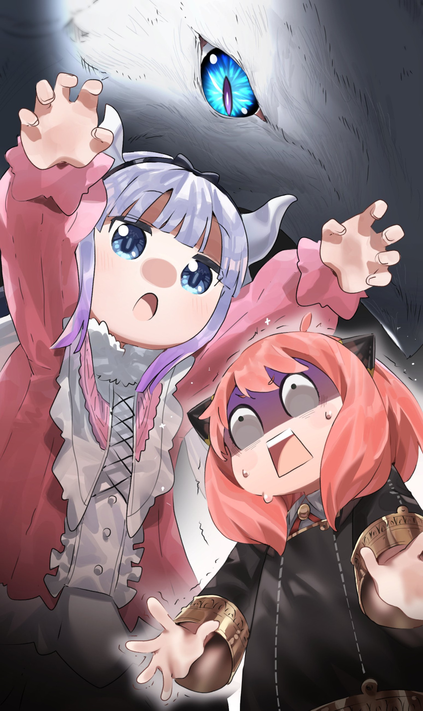 2girls, absurdres, anya_(spy_x_family), bangs, black_dress, black_hairband, blue_eyes, blunt_bangs