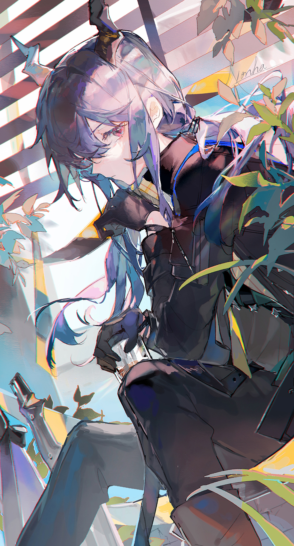 1girl, arknights, artist_name, black_footwear, black_jacket, black_pants, blue_hair, ch'en_(arknights)