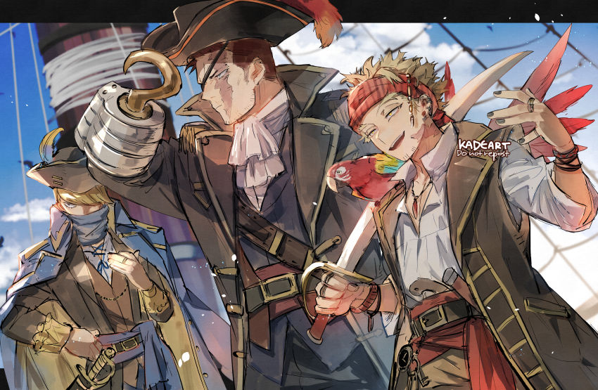 3boys, alternate_costume, animal_on_shoulder, artist_name, bangs, belt, best_jeanist, bird