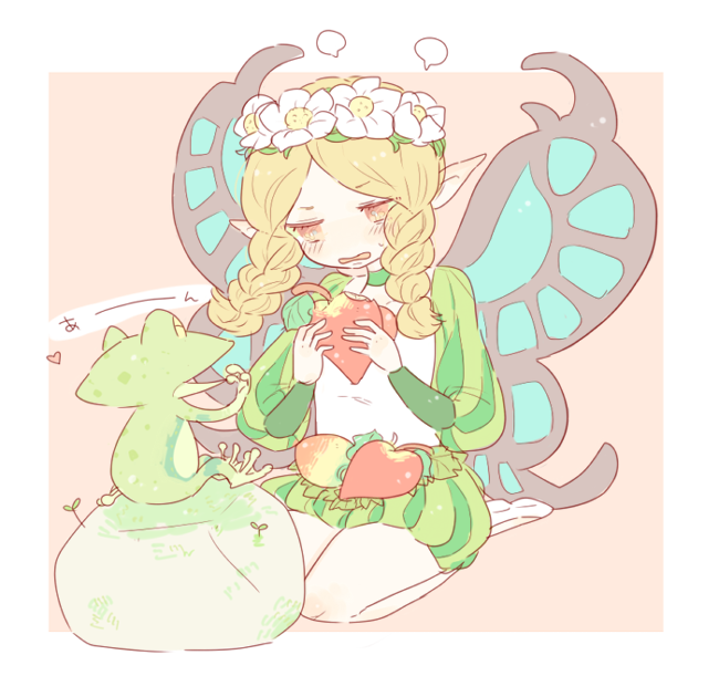 1girl, black_wings, blonde_hair, blue_butterfly, blue_wings, braid, bug, butterfly, choker, fairy, flower, food, frog, fruit, green_choker, hands_up, head_wreath, holding, holding_food, holding_fruit, ingway_(odin_sphere), katiko, long_hair, long_sleeves, mercedes_(odin_sphere), multicolored_wings, no_nose, odin_sphere, open_mouth, orange_eyes, pointy_ears, puff_and_slash_sleeves, puffy_sleeves, rock, short_jumpsuit, sitting, twin_braids, two-tone_wings, wariza, white_flower, white_footwear, wings