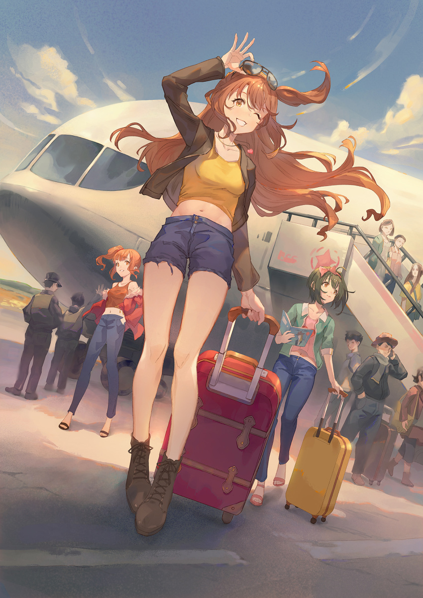 2020, aircraft, airplane, arm_up, bangs, blue_sky, bow, brown_eyes