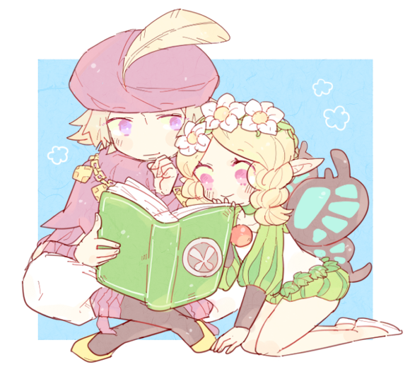 1boy, 1girl, bandaged_arm, bandages, black_wings, blonde_hair, blue_wings, book, braid, butterfly_wings, closed_mouth, crossed_legs, eyes_visible_through_hair, fairy, feathers, flower, hand_up, hat_feather, head_wreath, holding, holding_book, ingway_(odin_sphere), katiko, kneeling, leaf, long_hair, long_sleeves, mercedes_(odin_sphere), multicolored_wings, no_nose, odin_sphere, pants, pink_eyes, pointy_ears, puff_and_slash_sleeves, puffy_sleeves, purple_headwear, short_hair, short_jumpsuit, sitting, smile, turban, twin_braids, two-tone_wings, violet_eyes, white_flower, white_footwear, white_pants, wings, yellow_feathers
