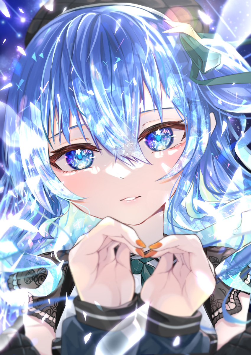 1girl, absurdres, beret, black_headwear, blue_background, blue_eyes, blurry, blurry_foreground
