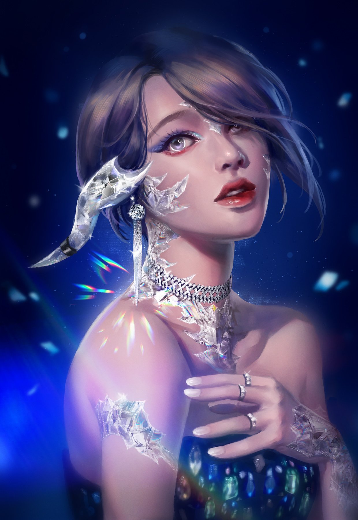 1girl, au_ra, avatar_(ff14), bare_shoulders, blue_background, brown_hair, choker, crovius, dragon_horns, dress, earrings, english_commentary, final_fantasy, final_fantasy_xiv, from_side, grey_eyes, hair_over_one_eye, highres, horns, jewelry, multiple_rings, parted_lips, red_lips, ring, short_hair, solo, strapless, strapless_dress, upper_body
